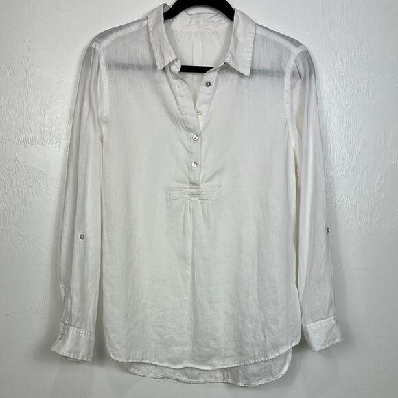 Tahari Linen White Collared Long Sleeve Button Front Blouse Top Size M - Picture 1 of 6